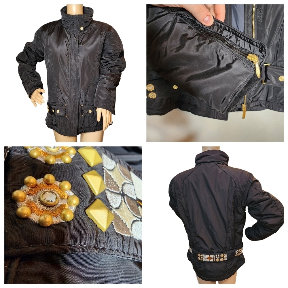 Obermeyer retro black/gold belted ski, snowboard, snow, winter coat.